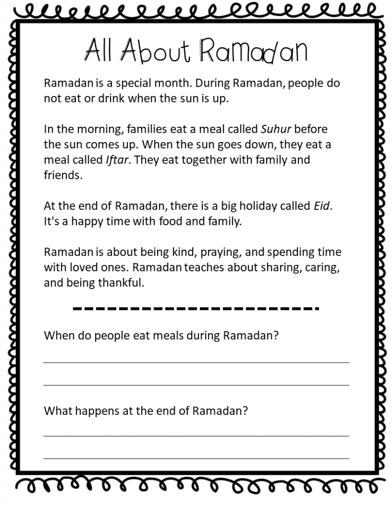 Ramadan reading comprehension passage with questions for 1st & 2nd grade