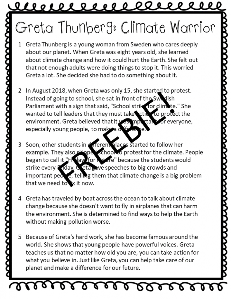Free women's history month reading comprehension passage for 3rd & 4th grade about Greta Thunberg