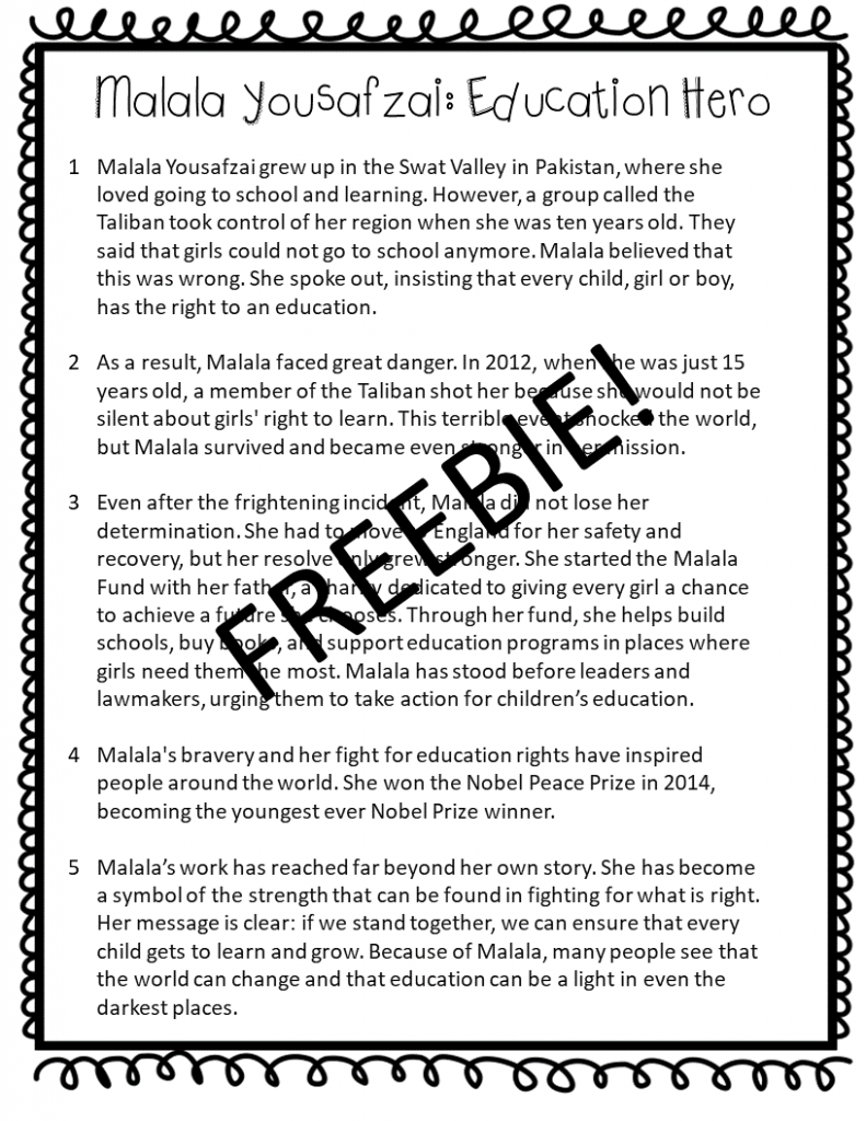 Free women's history month reading comprehension passage for 3rd & 4th grade about Malala Yousafzai
