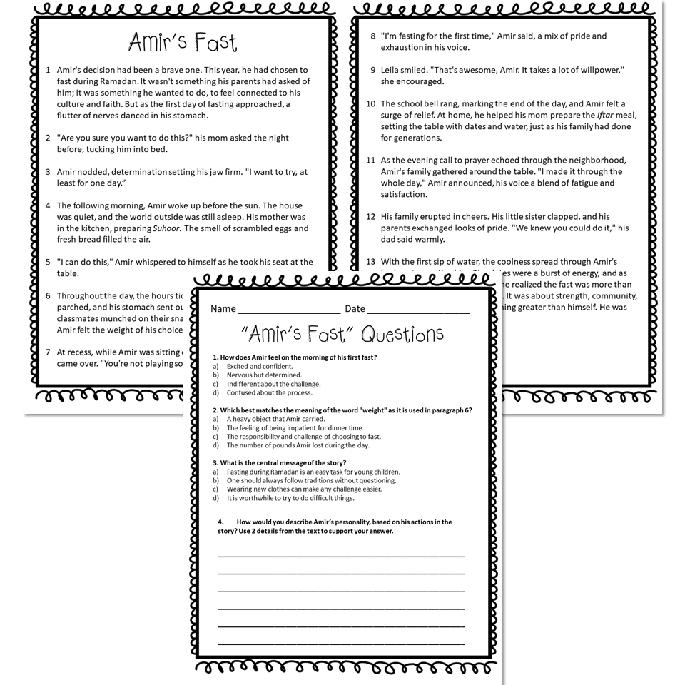 Ramadan reading comprehension passage with questions for 3rd grade and 4th grade