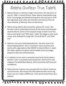 Selena Gomez biography reading comprehension passage free PDF